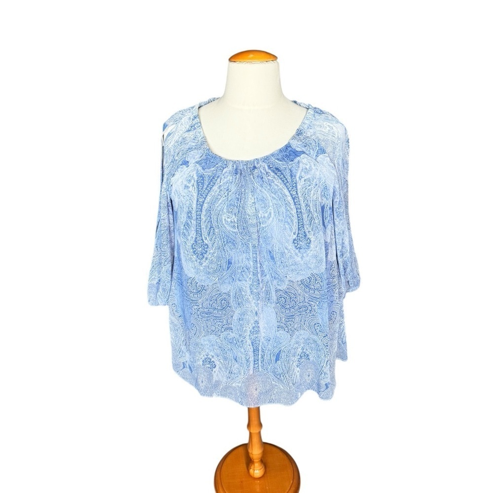 Rose + Olive Blue Paisley Peasant Blouse Women’s 1X Boho Chic Romantic Coastal